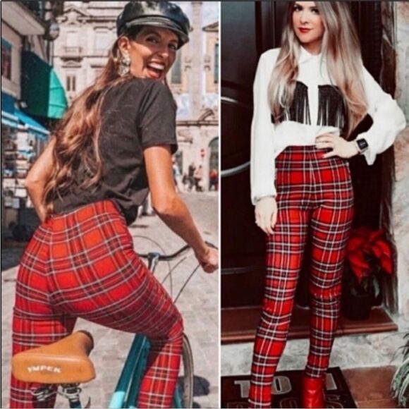 Zara Holiday Red Plaid Mid Rise Stretch Legging Pants, Size Medium NWT - Picture 7 of 16